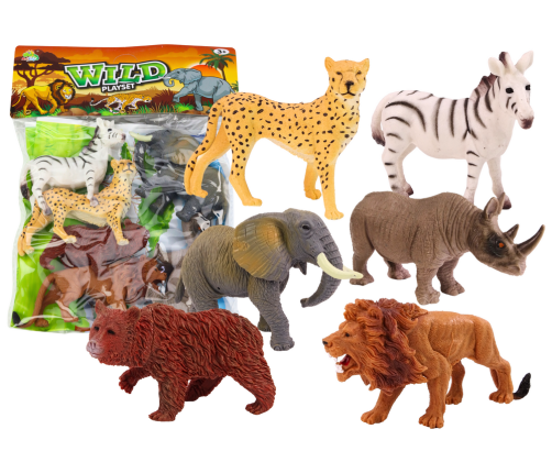 Set of 6 Wild Animal Figurines, Elephant, Lion, Rhinoceros