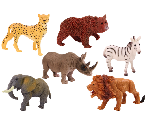 Set of 6 Wild Animal Figurines, Elephant, Lion, Rhinoceros