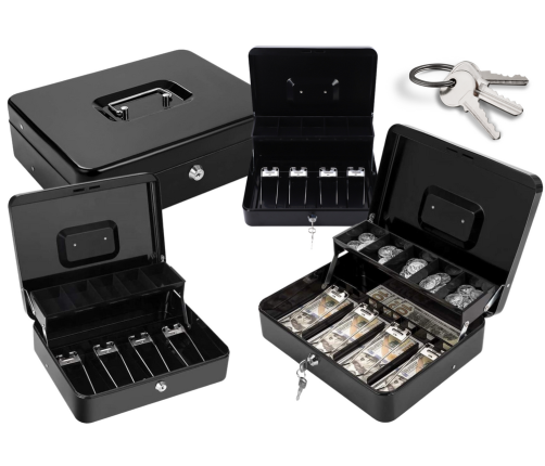 Cash Box for Banknotes, Coins, Key, Metal, Black