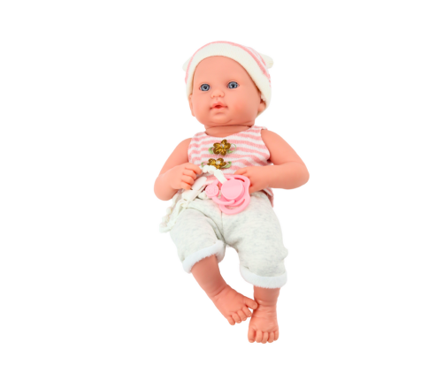 Baby doll in white and pink clothes, hat, pacifier, and blanket