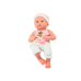 Baby doll in white and pink clothes, hat, pacifier, and blanket