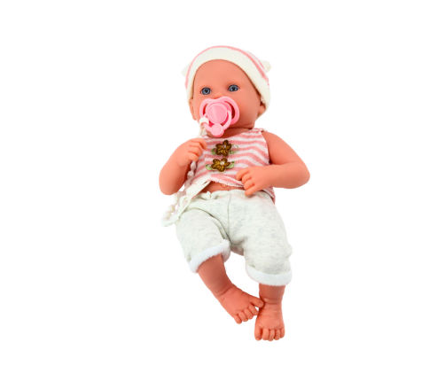 Baby doll in white and pink clothes, hat, pacifier, and blanket