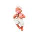 Baby doll in white and pink clothes, hat, pacifier, and blanket