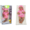 Baby doll in pink clothes, hat, pacifier, and blanket