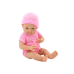 Baby doll in pink clothes, hat, pacifier, and blanket