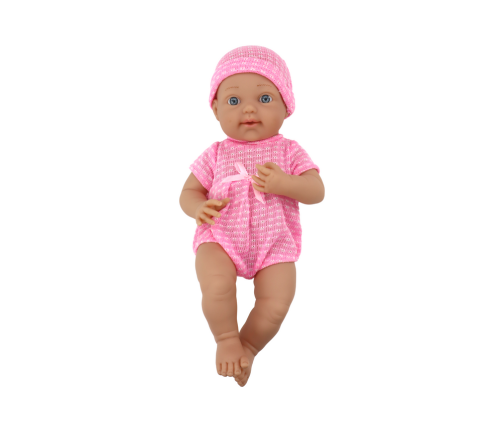 Baby doll in pink clothes, hat, pacifier, and blanket