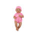 Baby doll in pink clothes, hat, pacifier, and blanket