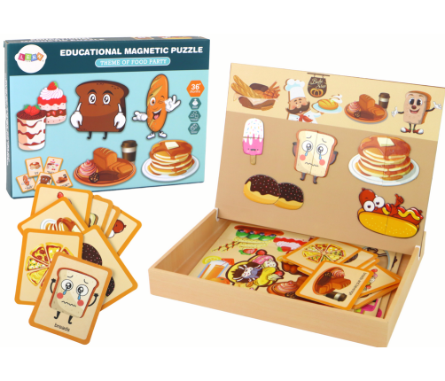 A set of educational magnetic puzzles with a food theme