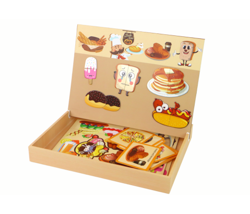 A set of educational magnetic puzzles with a food theme