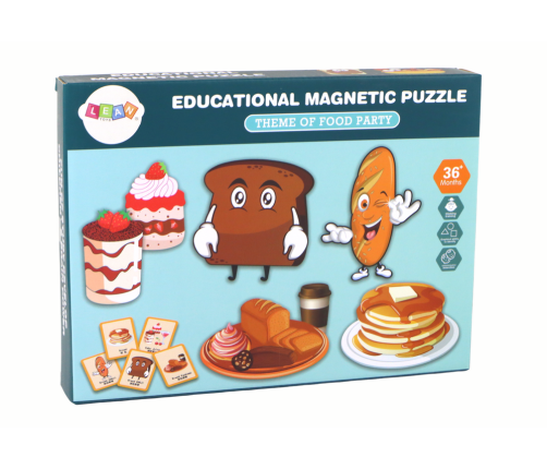 A set of educational magnetic puzzles with a food theme