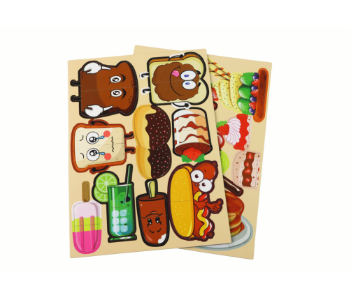 A set of educational magnetic puzzles with a food theme