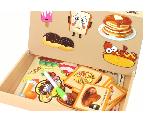 A set of educational magnetic puzzles with a food theme