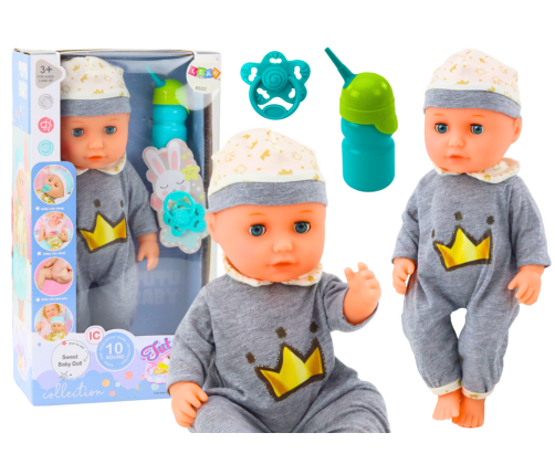 Baby Doll In Gray Pajamas Peeing Bottle Pacifier Sounds