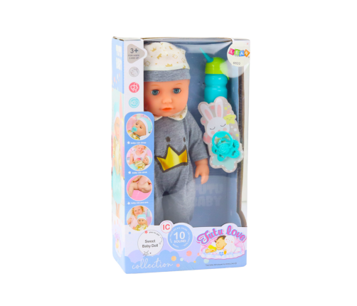 Baby Doll In Gray Pajamas Peeing Bottle Pacifier Sounds