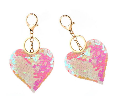 Heart Keychain Sequins Double-Sided White Light Pink