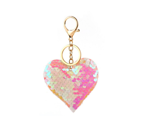 Heart Keychain Sequins Double-Sided White Light Pink