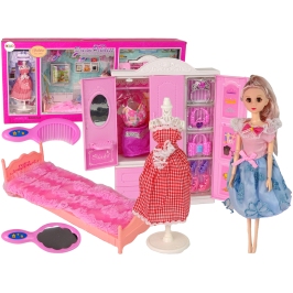 Doll with Clothes Wardrobe Room Furniture Wardrobe Bed Accessories