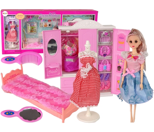 Doll with Clothes Wardrobe Room Furniture Wardrobe Bed Accessories