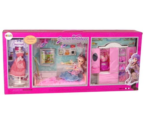 Doll with Clothes Wardrobe Room Furniture Wardrobe Bed Accessories