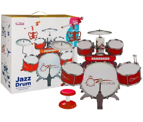 Drums Set with Keyboard Microphone and Chair Red 5 drums