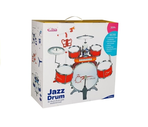 Drums Set with Keyboard Microphone and Chair Red 5 drums