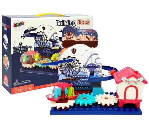 A set of blocks with a car slide, cogwheels on batteries