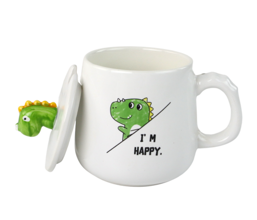 Dinosaur Ceramic Mug, White, Lid, Spoon, 350ml