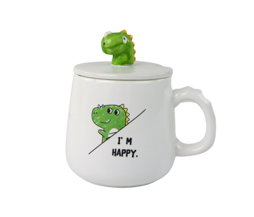 Dinosaur Ceramic Mug, White, Lid, Spoon, 350ml