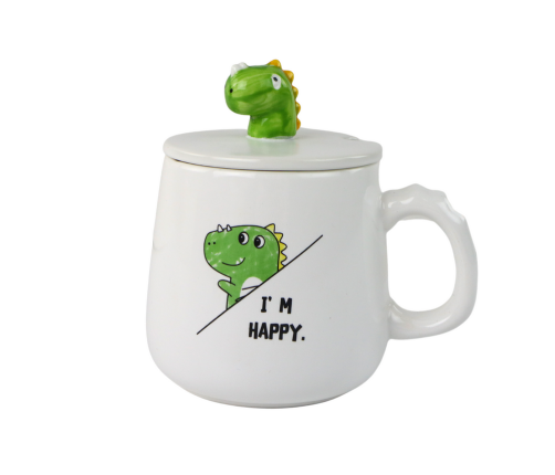 Dinosaur Ceramic Mug, White, Lid, Spoon, 350ml