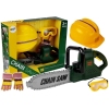 Set of tools, saw with batteries, helmet, gloves and safety glasses