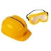 Set of tools, saw with batteries, helmet, gloves and safety glasses