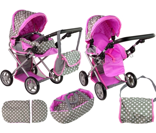 2-in-1 Stroller with Bag Grey Pink Stars