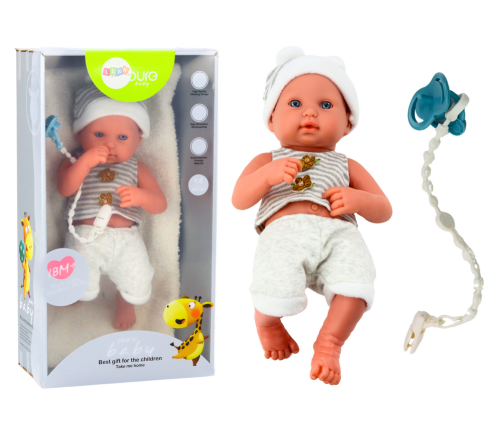 Baby doll in white and gray clothes, hat, pacifier, and blanket