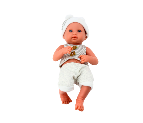 Baby doll in white and gray clothes, hat, pacifier, and blanket