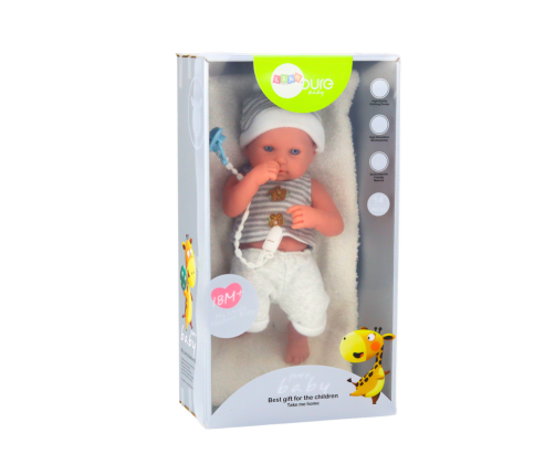 Baby doll in white and gray clothes, hat, pacifier, and blanket