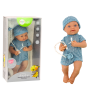 Baby doll in blue clothes, hat, pacifier, and blanket