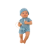 Baby doll in blue clothes, hat, pacifier, and blanket