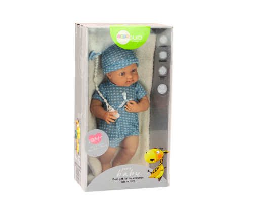 Baby doll in blue clothes, hat, pacifier, and blanket