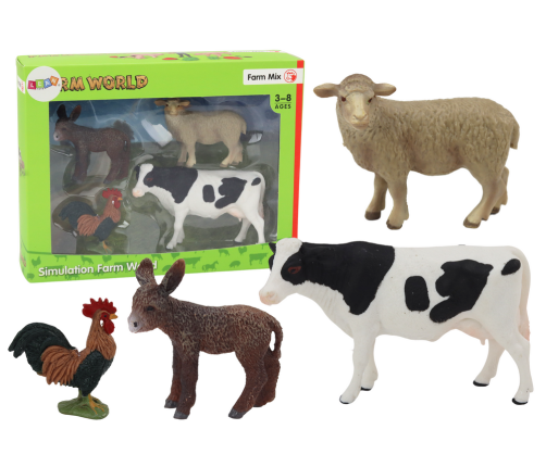 Set of Figurines Rural Animals Farm 4 Pieces Cow Rooster Donkey Sheep