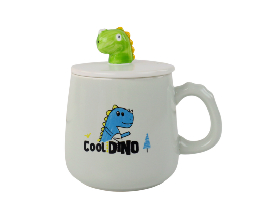 Dinosaur Blue Ceramic Mug, Lid, Spoon, 350ml