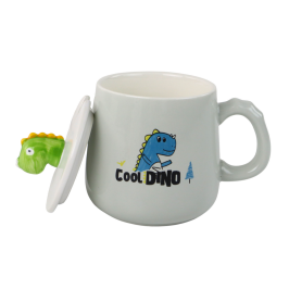 Dinosaur Blue Ceramic Mug, Lid, Spoon, 350ml