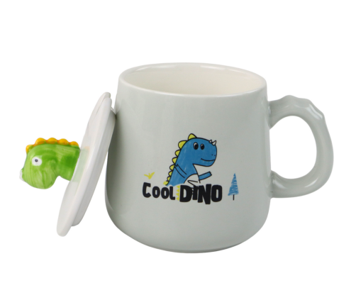 Dinosaur Blue Ceramic Mug, Lid, Spoon, 350ml