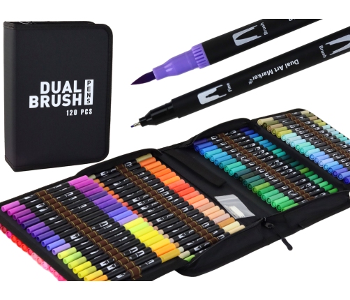 A set of 120 colorful double-sided markers in a pencil case