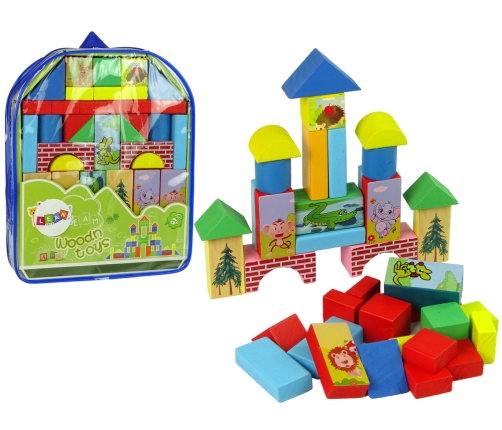 Set of Wooden Bricks with Animals Castle in a Backpack