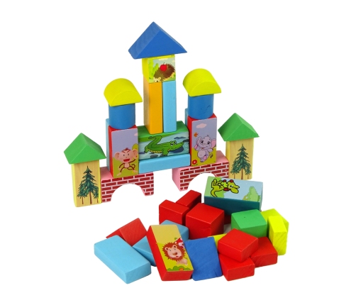 Set of Wooden Bricks with Animals Castle in a Backpack