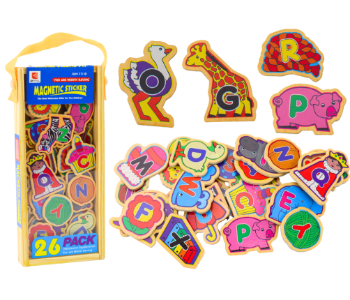 Set of Wooden Magnets Letters Pictures Animals Objects 26 Pieces