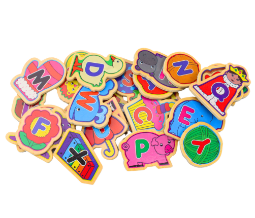 Set of Wooden Magnets Letters Pictures Animals Objects 26 Pieces