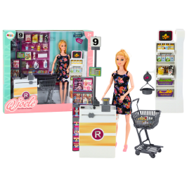 Set Doll In Supermarket Shelves Shopping Cart Food Products