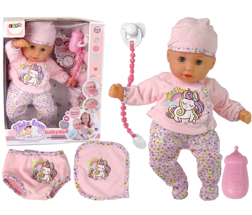 Baby Doll in Clothes and Hat, Pacifier, Feeding Bottle