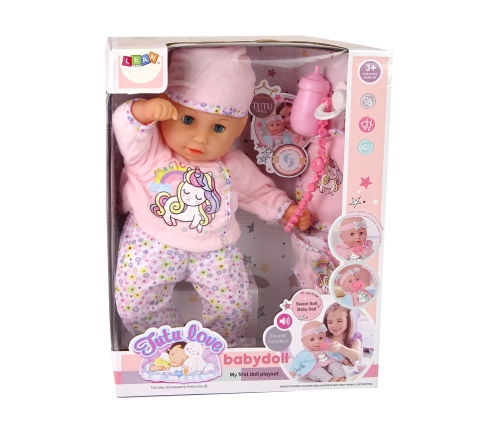 Baby Doll in Clothes and Hat, Pacifier, Feeding Bottle